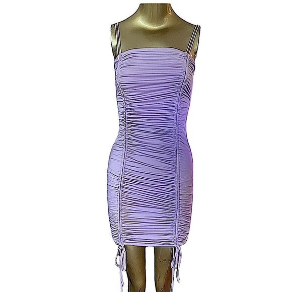 O. Vianca rouched mini bodycon dress. lavender , back zipper - Picture 1 of 10